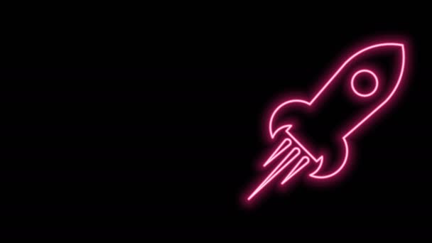 Glödande neon linje raket fartyg med brand ikon isolerad på svart bakgrund. Rymdresor. 4K Video motion grafisk animation — Stockvideo