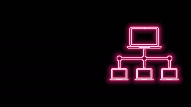 Светящаяся неоновая линия Иконка компьютерной сети изолирована на черном фоне. Портативная сеть. Интернет. Видеографическая анимация 4K — стоковое видео