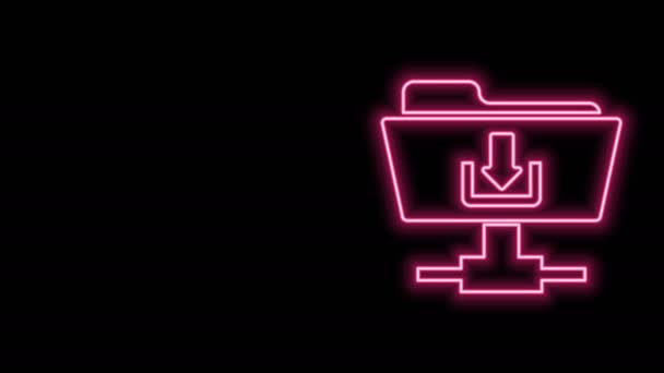 Glowing neon line FTP 폴더는 블랙 배경에서 분리 된 아이콘을 다운로드 한다. 소프트웨어 업데이트, 전송 프로토콜, 라우터, 팀워크 도구 관리, 복사 과정. 4K 비디오 모션 그래픽 애니메이션 — 비디오