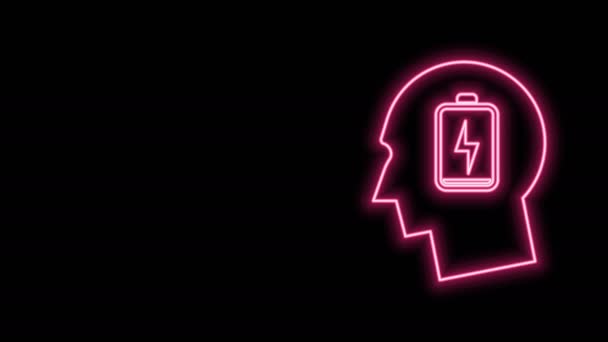 Žhnoucí neonová linie Mužská hlava s nízkou ikonou baterie izolovaná na černém pozadí. Unavený muž. Grafická animace pohybu videa 4K — Stock video