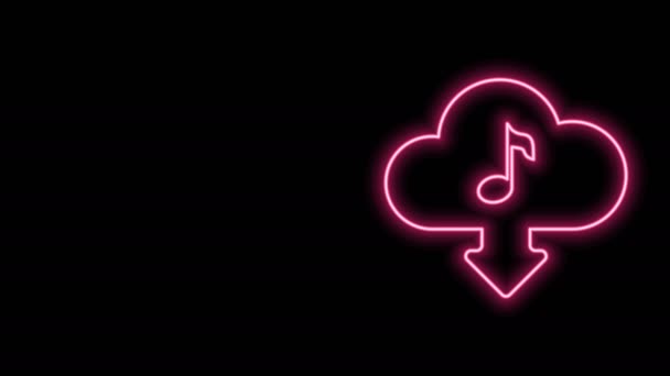 Gloeiende neon lijn Cloud download muziek icoon geïsoleerd op zwarte achtergrond. Muziek streaming service, geluid cloud computing, online media streaming, audio golf. 4K Video motion grafische animatie — Stockvideo
