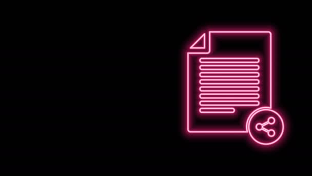 Glowing neon line Share file icon isolated on black background. File sharing. File transfer sign. 4K Video motion graphic animation