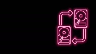 Parlayan neon hattı A sabit veri depolama aygıtı sabit diski okları, veri kopyalanmış simgesi siyah arkaplan üzerinde izole. Sabit disk sürücüsüyle veri değişimi. 4K Video hareketli grafik canlandırması