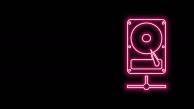 Siyah arkaplanda izole edilmiş ağ simgesi paylaşımında parlayan neon hattı sabit disk sürücüsü. 4K Video hareketli grafik canlandırması