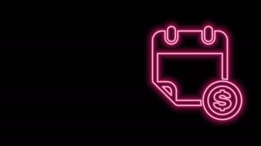 Parlayan neon hattı Finansal takvim simgesi siyah arkaplanda izole edildi. Yıllık ödeme günü, aylık bütçe planlaması, sabit dönem konsepti, kredi süresi. 4K Video hareketli grafik canlandırması