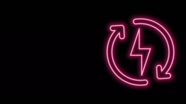 Parlayan neon hattı siyah arkaplanda izole edilmiş ikon şarj ediliyor. Elektrik enerjisi işareti. 4K Video hareketli grafik canlandırması