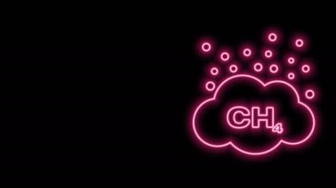 Parlayan neon hattı metan emisyon azaltma simgesi siyah arkaplanda izole edildi. CH4 molekül modeli ve kimyasal formül. Bataklık gazı. Doğal gaz. 4K Video hareketli grafik canlandırması