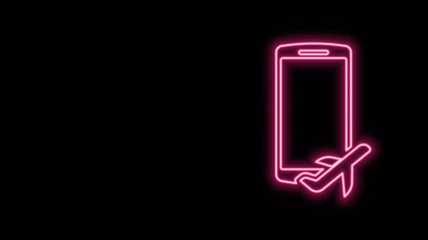 Linha de néon brilhante Modo de voo no ícone do telefone móvel isolado no fundo preto. Avião ou avião voo off-line modo de regulação de passageiros companhia aérea. Animação gráfica em movimento de vídeo 4K — Vídeo de Stock