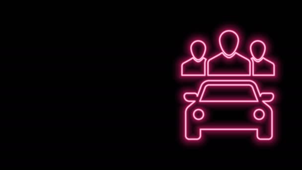 Gloeiende neon lijn Autodelen met groep mensen pictogram geïsoleerd op zwarte achtergrond. Autodelen bord. Transport verhuur service concept. 4K Video motion grafische animatie — Stockvideo