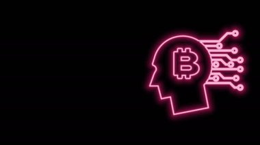 Parlayan neon hattı Bitcoin siyah arkaplanda izole edilmiş bir simge olduğunu düşünüyor. Kripto para birimi başı. Engelleme teknolojisi, bitcoin, dijital para piyasası, kripto para cüzdanı. 4K Video hareketli grafik canlandırması