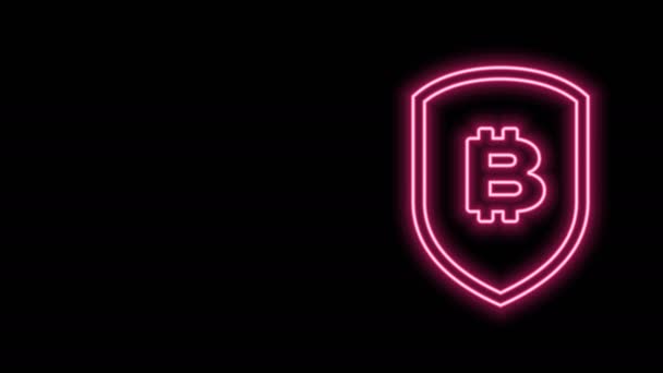 Leuchtendes Neon Line Shield mit Bitcoin-Symbol isoliert auf schwarzem Hintergrund. Kryptowährungsbergbau, Blockchain-Technologie, Sicherheit, Schutz, digitales Geld. 4K Video Motion Grafik Animation — Stockvideo