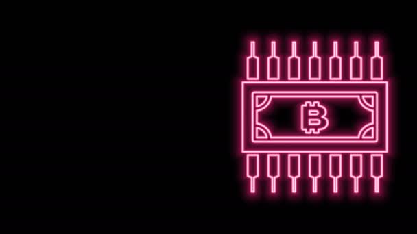 Glowing neon line Cryptocurrency bitcoin in circle dengan microchip circuit icon terisolasi di latar belakang hitam. Teknologi Blockchain, pasar uang digital. Animasi grafis gerak Video 4K — Stok Video