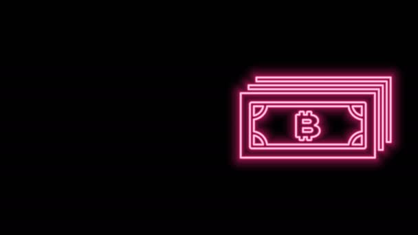 Zářící neonová čára Kryptoměna bitcoin v kruhu s ikonou mikročipu obvodu izolované na černém pozadí. Blockchain technologie, digitální peněžní trh. Grafická animace pohybu videa 4K — Stock video