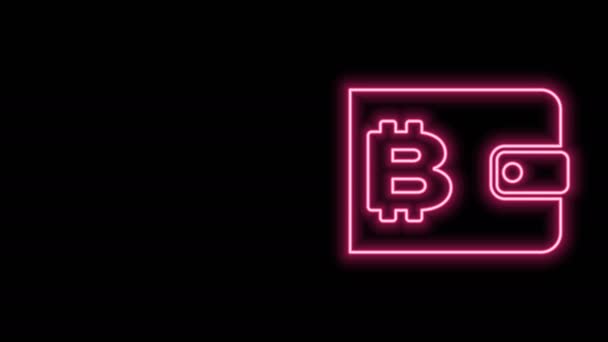 Leuchtendes neonfarbenes Kryptowährungs-Portemonnaie-Symbol auf schwarzem Hintergrund. Brieftasche und Bitcoin unterzeichnen. Bergbaukonzept. Geld, Bezahlung, Bargeld, Bezahlsymbol. 4K Video Motion Grafik Animation — Stockvideo