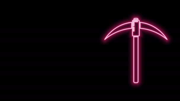 Gloeiende neon lijn Pickaxe pictogram geïsoleerd op zwarte achtergrond. Blockchain technologie, cryptogeld mijnbouw, Bitcoin, digitale geldmarkt, cryptocoin portemonnee. 4K Video motion grafische animatie — Stockvideo