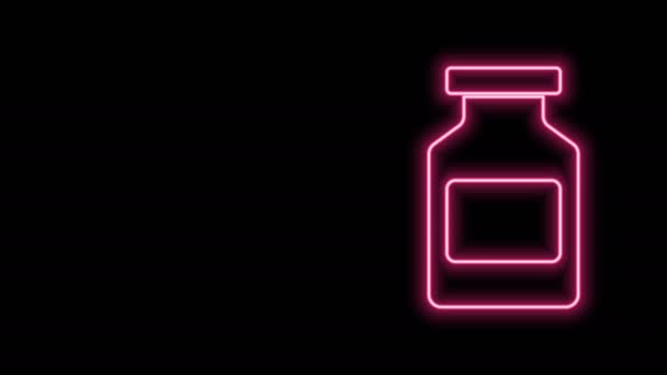 Λαμπερό νέον γραμμή φάρμακο μπουκάλι εικονίδιο απομονώνονται σε μαύρο φόντο. Πινακίδα χαπιού. Σχεδιασμός φαρμακείου. 4K Γραφική κίνηση κίνησης βίντεο — Αρχείο Βίντεο