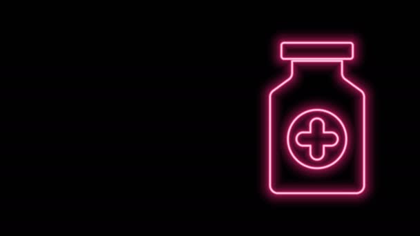 Gloeiende neon lijn Medicijn fles pictogram geïsoleerd op zwarte achtergrond. Flessenpil teken. Farmaceutisch ontwerp. 4K Video motion grafische animatie — Stockvideo