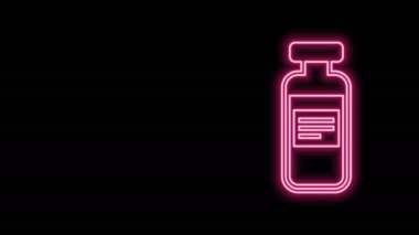 Parlak neon hattı tıbbi ampul, ampul, siyah arka planda izole edilmiş şişe ikonu. Aşı, iğne, aşı, sağlık hizmeti konsepti. 4K Video hareketli grafik canlandırması