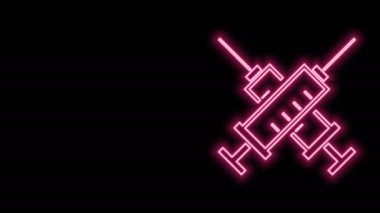 Parlayan neon çizgisi siyah zemin üzerinde izole edilmiş şırınga simgesini çaprazladı. Aşı için şırınga, aşı, iğne, grip aşısı. Tıbbi ekipman. 4K Video hareketli grafik canlandırması