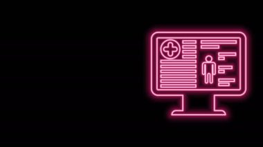 Siyah arkaplanda izole edilmiş monitör ikonundaki parlak neon hattı tıbbi kayıtları. Sağlık sigortası formu. Reçete, tıbbi kontrol işaretleri raporu. 4K Video hareketli grafik canlandırması