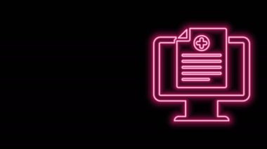 Siyah arkaplanda izole edilmiş monitör ikonundaki parlak neon hattı tıbbi kayıtları. Sağlık sigortası formu. Reçete, tıbbi kontrol işaretleri raporu. 4K Video hareketli grafik canlandırması