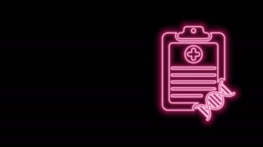 Siyah zemin üzerinde DNA analiz simgesi izole edilmiş parlak neon çizgi panosu. Genetik mühendisliği, genetik testler, klonlama, babalık testleri. 4K Video hareketli grafik canlandırması