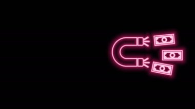 Parlak neon hattı mıknatısı ve siyah arka planda izole edilmiş para simgesi. Yatırım ve para çekme kavramı. Büyük işletmelerin kazanç kaynağı ve başarısı. 4K Video hareketli grafik canlandırması