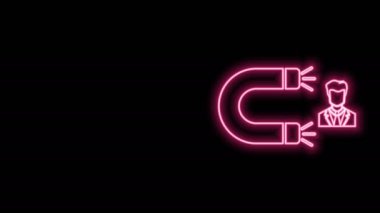 Parlayan neon hattı. Müşteri siyah arkaplanda izole edilmiş ikonu çekiyor. Müşteri alımı, destek ve hizmet. Müşteri mıknatısla çekiyor. 4K Video hareketli grafik canlandırması