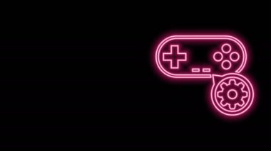 Parlayan neon hattı Gamepad ve dişli simgesi siyah arkaplanda izole edildi. Uygulama, servis konsepti, ayar seçenekleri, bakım, onarım, onarım. 4K Video hareketli grafik canlandırması