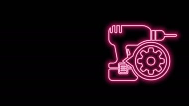 Parlayan neon hattı matkap ve dişli ikonu siyah arkaplanda izole edildi. Uygulama, servis konsepti, ayar seçenekleri, bakım, onarım, onarım. 4K Video hareketli grafik canlandırması
