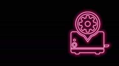 Parlayan neon hattı tost makinesi ve vites simgesi siyah arka planda izole edildi. Uygulama, servis konsepti, ayar seçenekleri, bakım, onarım, onarım. 4K Video hareketli grafik canlandırması
