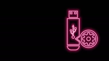 Parlayan neon hattı USB flash disk ve dişli simgesi siyah arkaplanda izole edildi. Uygulama, servis konsepti, ayar seçenekleri, bakım, onarım, onarım. 4K Video hareketli grafik canlandırması