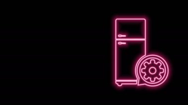 Parlayan neon hattı buzdolabı ve dişli ikonu siyah arka planda izole edildi. Uygulama, servis konsepti, ayar seçenekleri, bakım, onarım, onarım. 4K Video hareketli grafik canlandırması