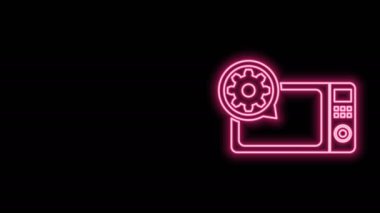 Parlayan neon hattı mikrodalga fırın ve dişli ikonu siyah arka planda izole edildi. Uygulama, servis konsepti, ayar seçenekleri, bakım, onarım, onarım. 4K Video hareketli grafik canlandırması