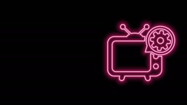 Parlayan neon hat TV ve vites simgesi siyah arkaplanda izole edildi. Televizyon hizmeti konsepti. Uygulama ayarlanıyor, seçenekler ayarlanıyor, bakım, onarım, onarım. 4K Video hareketli grafik canlandırması