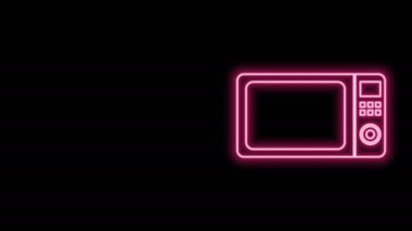 Parlayan neon hattı mikrodalga fırın ikonu siyah arkaplanda izole edildi. Ev aletleri simgesi 4K Video hareketli grafik canlandırması