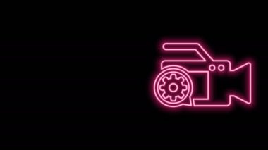 Parlayan neon hat video kamera ve dişli ikonu siyah arkaplanda izole edildi. Uygulama, servis konsepti, ayar seçenekleri, bakım, onarım, onarım. 4K Video hareketli grafik canlandırması