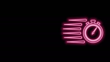 Parlayan neon hattı Stopwatch simgesi siyah arkaplanda izole edildi. Zaman göstergesi. Kronometre işareti. 4K Video hareketli grafik canlandırması