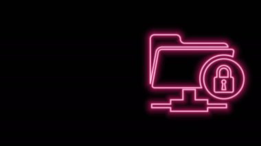 Parlayan neon hattı FTP dizini ve kilit simgesi siyah arkaplanda izole edildi. Yazılım güncellemesi konsepti, ftp transfer protokolü. Güvenlik, güvenlik, koruma kavramı. 4K Video hareketli grafik canlandırması