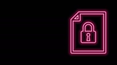 Parlayan neon hattı Belgesi ve kilit simgesi siyah arkaplanda izole edildi. Dosya biçimi ve asma kilit. Güvenlik, güvenlik, koruma kavramı. 4K Video hareketli grafik canlandırması