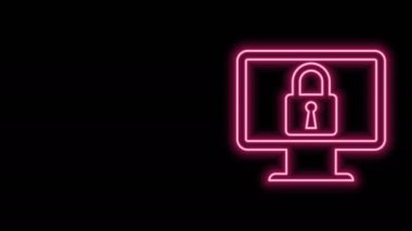 Parlayan neon hattı Kilidi siyah arkaplanda izole edilmiş bilgisayar monitör simgesi üzerinde. Monitör ve asma kilit. Güvenlik, güvenlik, koruma kavramı. Güvenli bir ağ. 4K Video hareketli grafik canlandırması