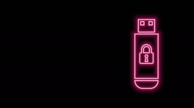 Siyah arkaplanda kapalı asma kilit simgesine sahip parlak neon hattı USB flaş bellek. Güvenlik, güvenlik, koruma kavramı. 4K Video hareketli grafik canlandırması