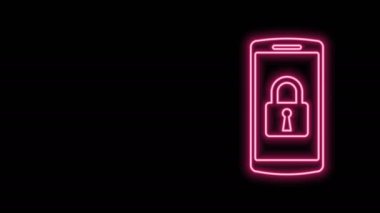 Siyah arkaplanda kapalı asma kilit simgesine sahip parlak neon hattı Smartphone. Kilitli telefon. Gezici güvenlik, güvenlik, koruma konsepti. 4K Video hareketli grafik canlandırması
