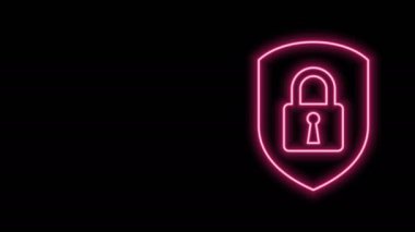 Siyah arka planda kilit simgesi izole edilmiş parlak neon hat kalkan güvenliği. Koruma, güvenlik, şifre güvenliği. Güvenlik duvarı gizlilik levhası. 4K Video hareketli grafik canlandırması