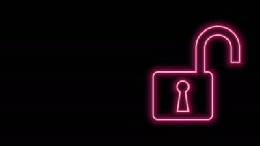 Parlayan neon hattı Açık asma kilit simgesi siyah arkaplanda izole edildi. Kilit açık işareti. Siber güvenlik kavramı. Dijital veri koruması. Güvenlik kilidi. 4K Video hareketli grafik canlandırması