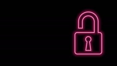 Parlayan neon hattı Açık asma kilit simgesi siyah arkaplanda izole edildi. Kilit açık işareti. Siber güvenlik kavramı. Dijital veri koruması. Güvenlik kilidi. 4K Video hareketli grafik canlandırması