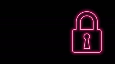 Parlayan neon çizgi simgesi siyah arkaplanda izole edildi. Kapalı asma kilit işareti. Siber güvenlik kavramı. Dijital veri koruması. Güvenlik kilidi. 4K Video hareketli grafik canlandırması