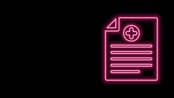 Žhnoucí neonová čára Lékařská schránka s ikonou klinického záznamu izolovaná na černém pozadí. Formulář zdravotního pojištění. Předpis, zpráva z lékařských kontrol. Grafická animace pohybu videa 4K — Stock video