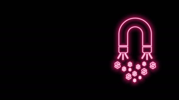 Glowing neon line Magnet with money icon isolated on black background. Concept of attracting investments, money. Big business profit attraction and success. 4K Video motion graphic animation — Stock Video