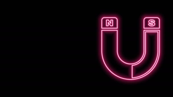 Glowing neon line Magnet icon isolated on black background. Horseshoe magnet, magnetism, magnetize, attraction sign. 4K Video motion graphic animation — Stock Video